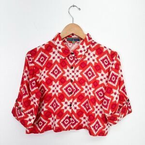 Bombay Paisley Women’s Ikat Cropped 3/4 Sleeve Button Down Hot Pink Wide Leg Hig